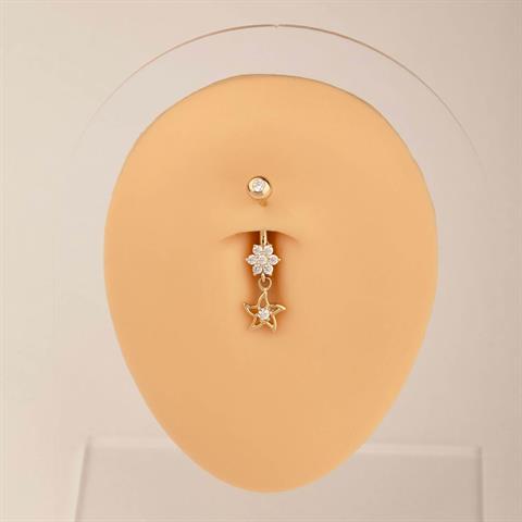 14 Ayar Altın Taşlı Çiçek Ve Yıldız Sallantılı Göbek Piercing