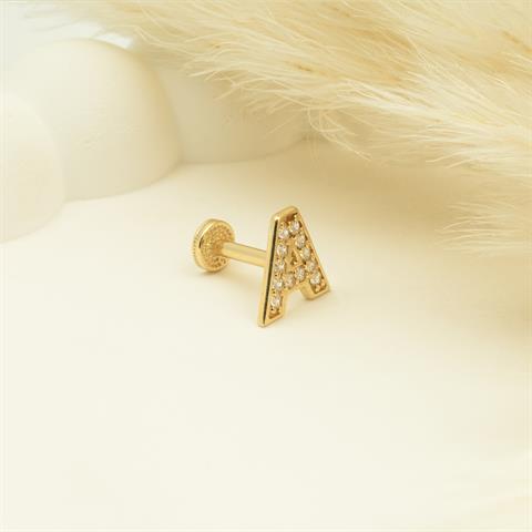 Dianora Piercing-14 Ayar Altın Taşlı Düz A Harfi Tragus Piercing-Tragus Piercing-5-Milagron.com