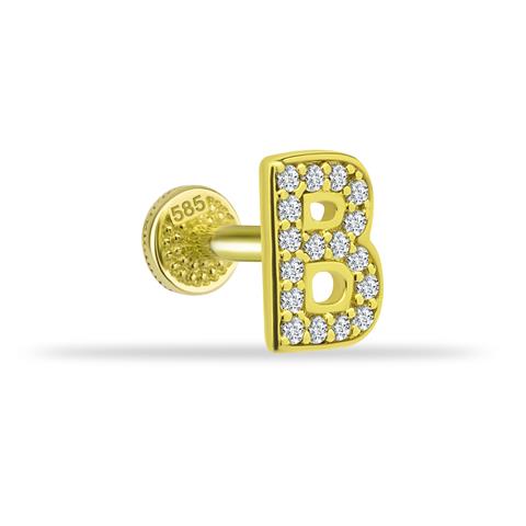 Dianora Piercing-14 Ayar Altın Taşlı Düz B Harfi Tragus Piercing-Tragus Piercing-1-Milagron.com
