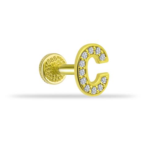 Dianora Piercing-14 Ayar Altın Taşlı Düz C Harfi Tragus Piercing-Tragus Piercing-1-Milagron.com