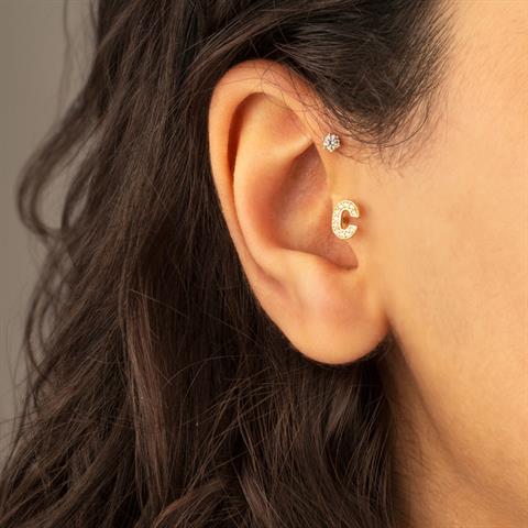 Dianora Piercing-14 Ayar Altın Taşlı Düz C Harfi Tragus Piercing-Tragus Piercing-4-Milagron.com