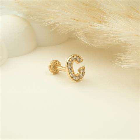 Dianora Piercing-14 Ayar Altın Taşlı Düz C Harfi Tragus Piercing-Tragus Piercing-5-Milagron.com