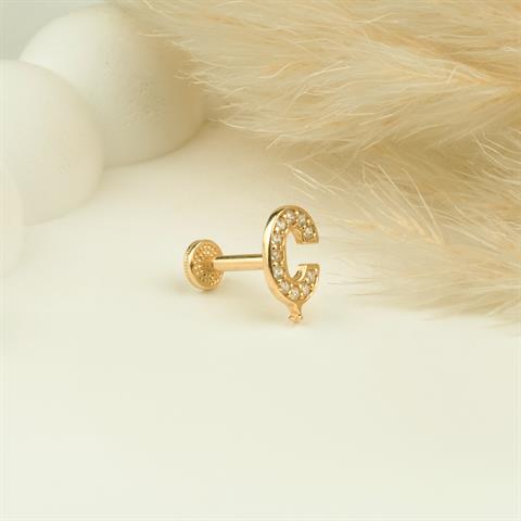 14 Ayar Altın Taşlı Düz Ç Harfi Tragus Piercing - 4