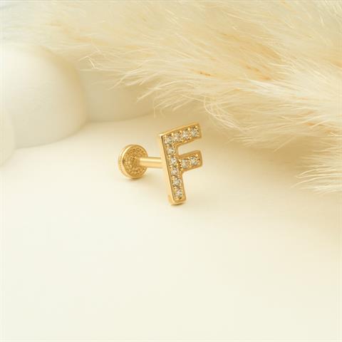 Dianora Piercing-14 Ayar Altın Taşlı Düz F Harfi Tragus Piercing-Tragus Piercing-5-Milagron.com