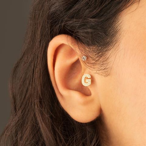 Dianora Piercing-14 Ayar Altın Taşlı Düz G Harfi Tragus Piercing-Tragus Piercing-3-Milagron.com