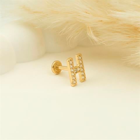 Dianora Piercing-14 Ayar Altın Taşlı Düz H Harfi Tragus Piercing-Tragus Piercing-5-Milagron.com