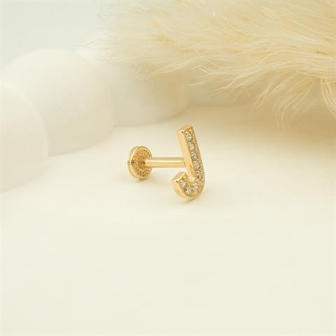 Dianora Piercing-14 Ayar Altın Taşlı Düz J Harfi Tragus Piercing-Tragus Piercing-5-Milagron.com