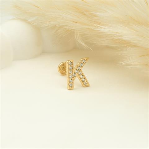 Dianora Piercing-14 Ayar Altın Taşlı Düz K Harfi Tragus Piercing-Tragus Piercing-5-Milagron.com