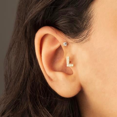 Dianora Piercing-14 Ayar Altın Taşlı Düz L Harfi Tragus Piercing-Tragus Piercing-4-Milagron.com