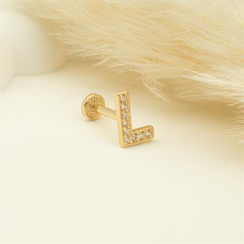 Dianora Piercing-14 Ayar Altın Taşlı Düz L Harfi Tragus Piercing-Tragus Piercing-5-Milagron.com