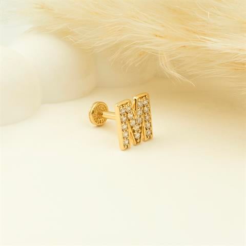 Dianora Piercing-14 Ayar Altın Taşlı Düz M Harfi Tragus Piercing-Tragus Piercing-5-Milagron.com