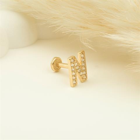 Dianora Piercing-14 Ayar Altın Taşlı Düz N Harfi Tragus Piercing-Tragus Piercing-5-Milagron.com