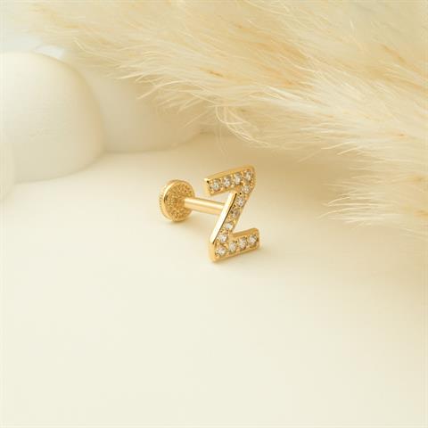Dianora Piercing-14 Ayar Altın Taşlı Düz Z Harfi Tragus Piercing-Tragus Piercing-5-Milagron.com