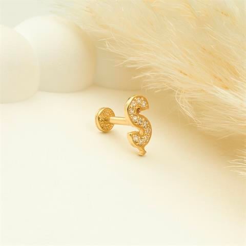Dianora Piercing-14 Ayar Altın Taşlı Düz ş Harfi Tragus Piercing-Taşlı Düz Harf Tragus Piercing-3-Milagron.com