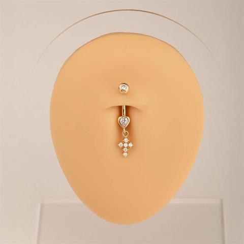 14 Ayar Altın Taşlı Haç Motifli Sallantılı Göbek Piercing