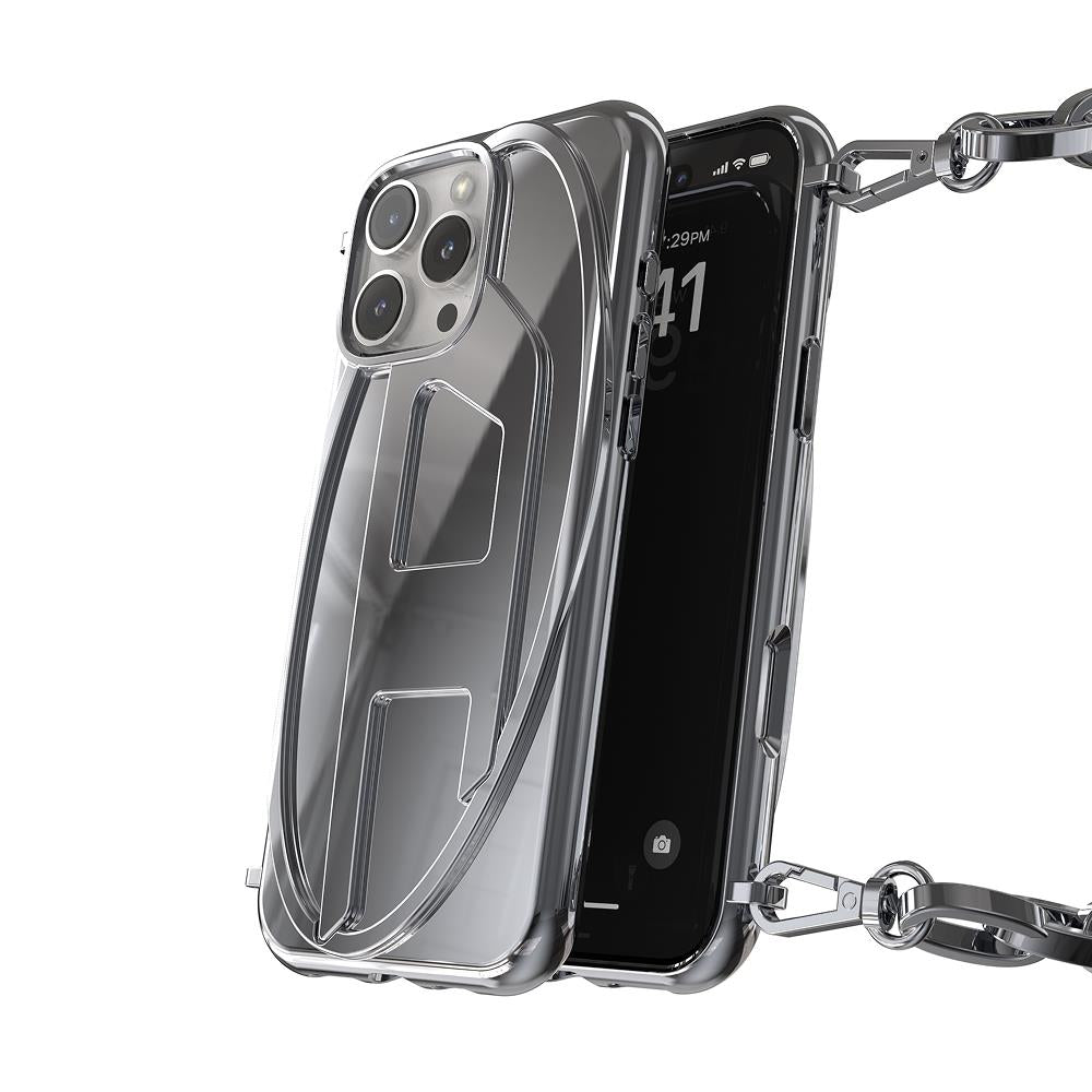 Diesel Iphone 16 Pro Max Uyumlu Oval D Parlak Zincirli Kılıf - Gümüş