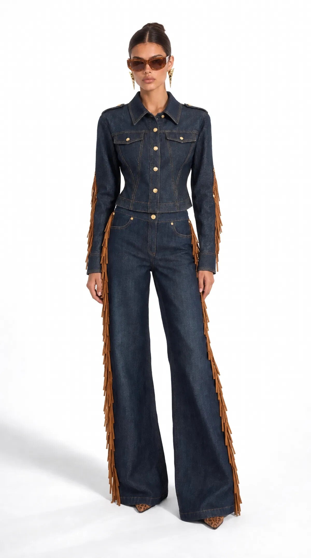 Fringed Denim Jacket & Trousers Set