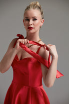 Dollie Bell-Cutest Ribbon Kurdele Detaylı Kalp Yaka Midi Elbise Kırmızı-Lover Doll, Platform-4-Milagron.com