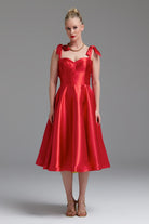 Dollie Bell-Cutest Ribbon Kurdele Detaylı Kalp Yaka Midi Elbise Kırmızı-Lover Doll, Platform-9-Milagron.com