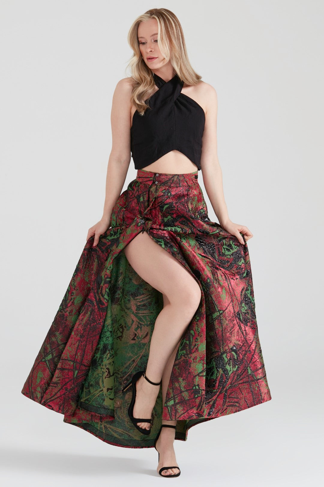 Dollie Bell-Shine Yarım Daire Fermuar Detaylı Yırtmaçlı Maxi Etek Kırmızı-Etek-4-Milagron.com