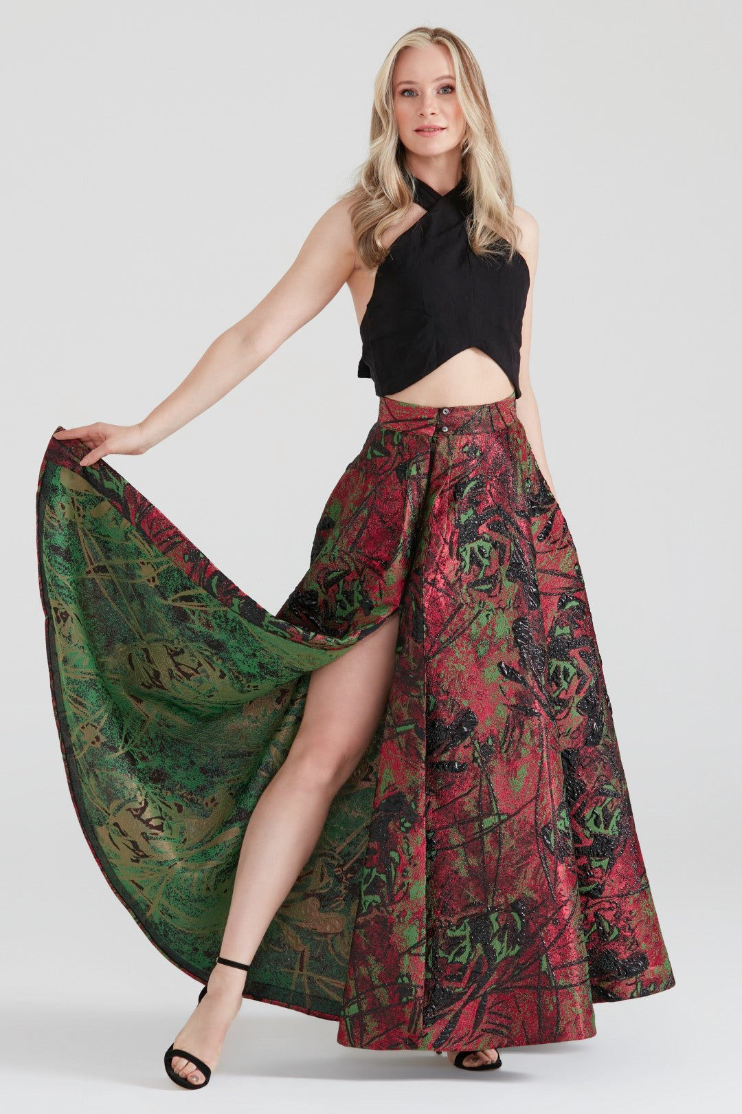 Dollie Bell-Shine Yarım Daire Fermuar Detaylı Yırtmaçlı Maxi Etek Kırmızı-Etek-8-Milagron.com