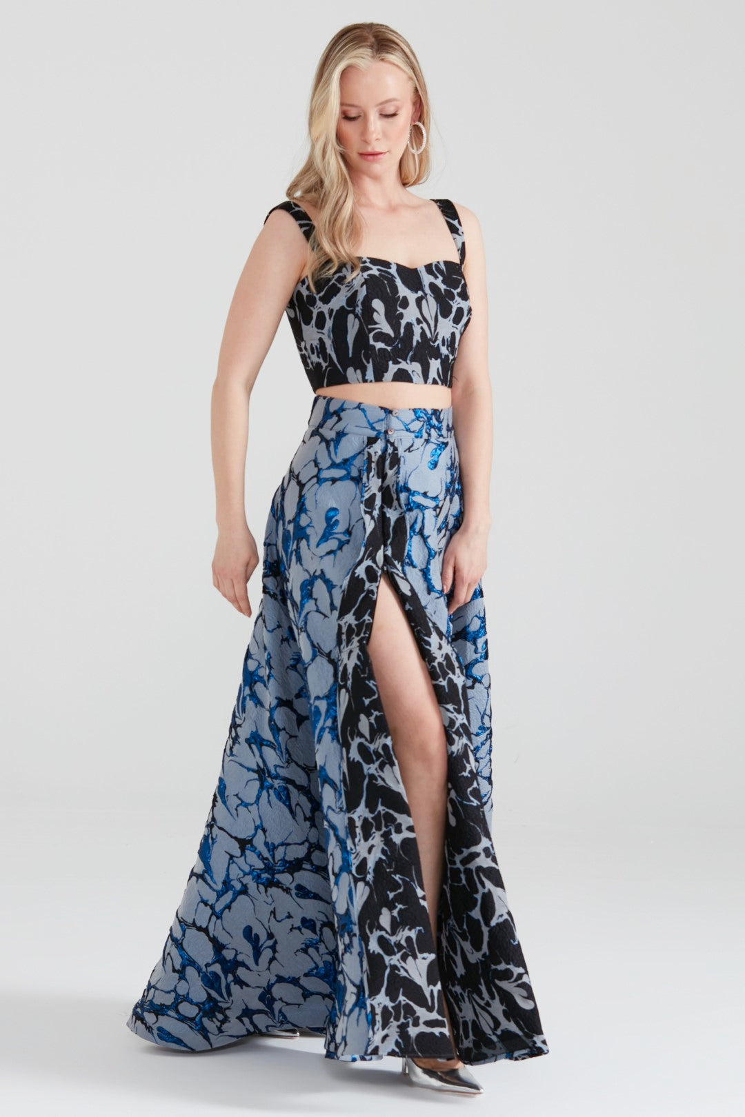 Dollie Bell-Shine Yarım Daire Fermuar Detaylı Yırtmaçlı Maxi Etek Siyah/Gri-Etek-4-Milagron.com