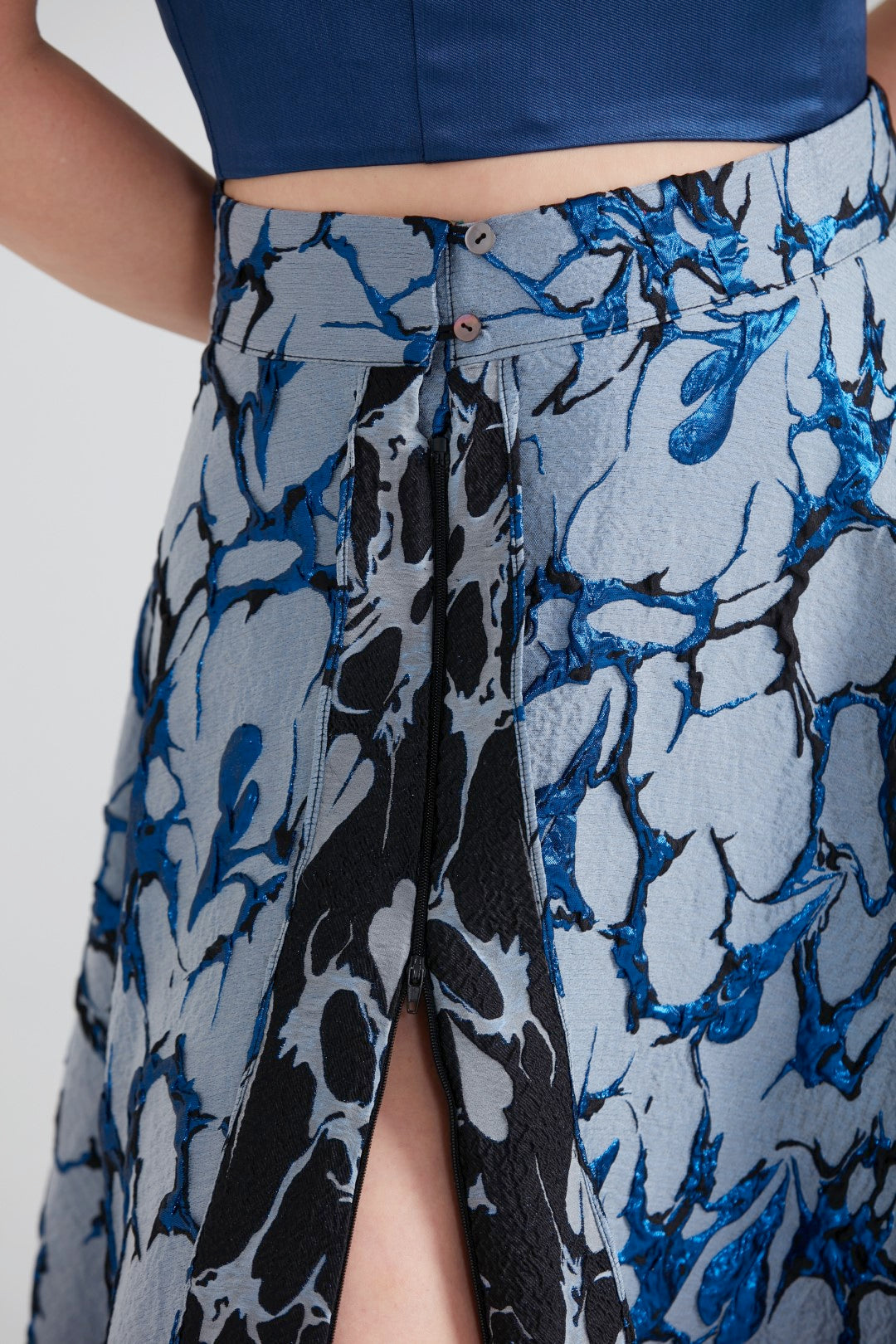 Dollie Bell-Shine Yarım Daire Fermuar Detaylı Yırtmaçlı Maxi Etek Siyah/Gri-Etek-7-Milagron.com