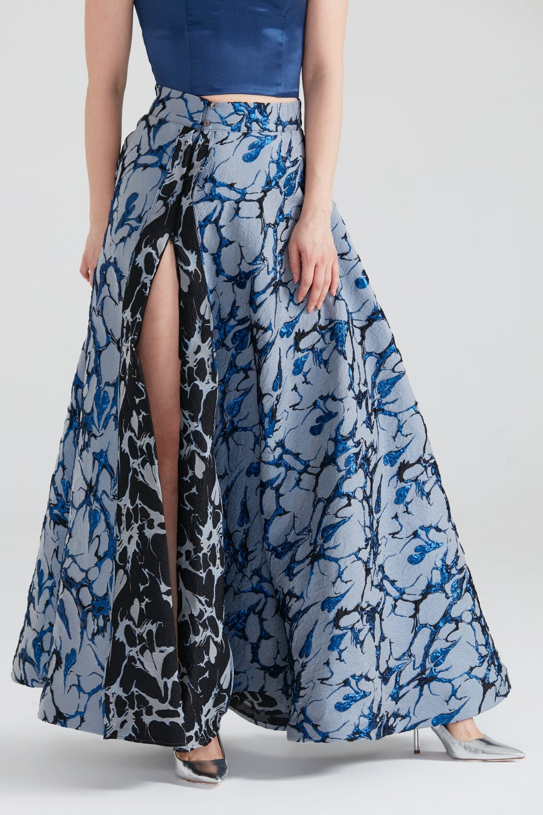 Dollie Bell-Shine Yarım Daire Fermuar Detaylı Yırtmaçlı Maxi Etek Siyah/Gri-Etek-8-Milagron.com