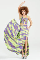 Dollie Bell-Shine Yarım Daire Yırtmaçlı Etek – Mor/Yeşil-Etek-1-Milagron.com