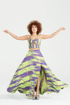 Dollie Bell-Shine Yarım Daire Yırtmaçlı Etek – Mor/Yeşil-Etek-3-Milagron.com