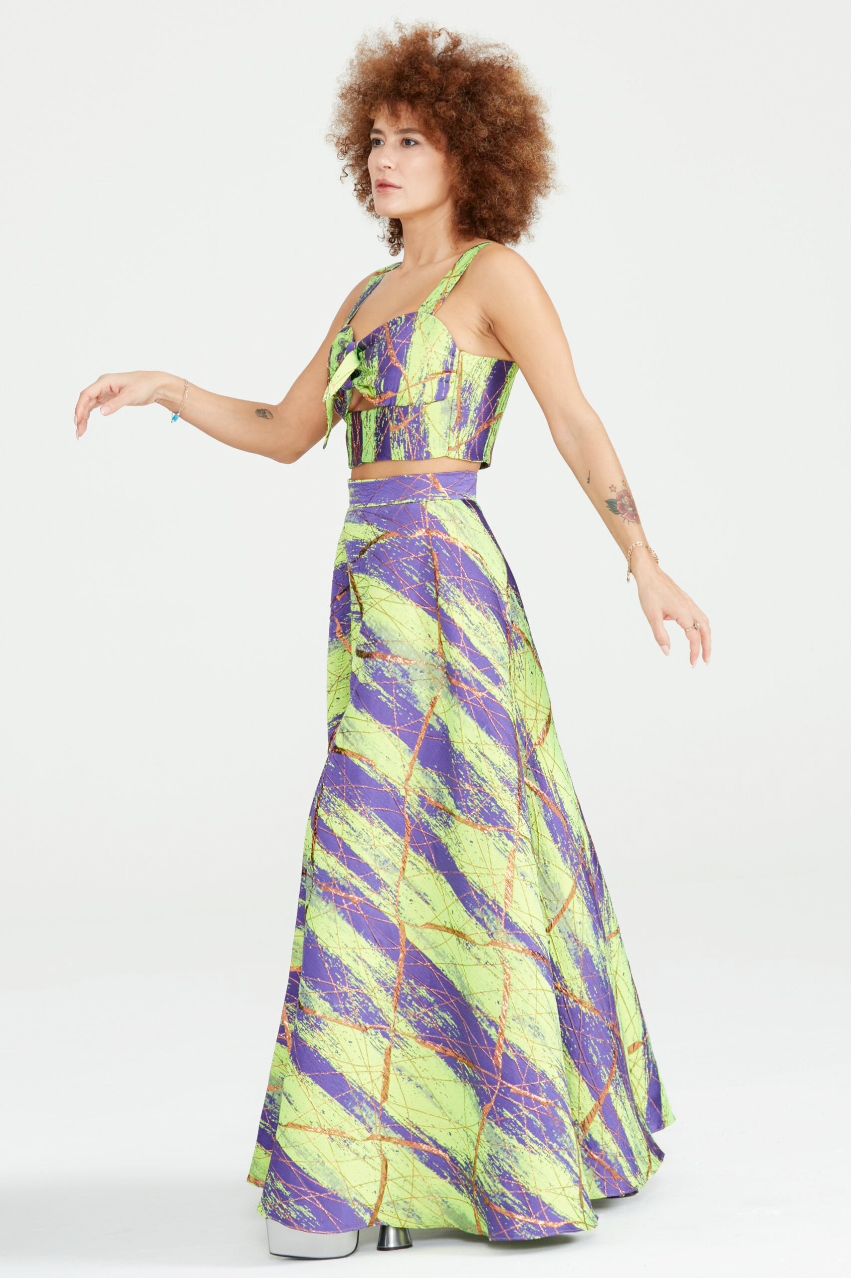 Dollie Bell-Shine Yarım Daire Yırtmaçlı Etek – Mor/Yeşil-Etek-5-Milagron.com