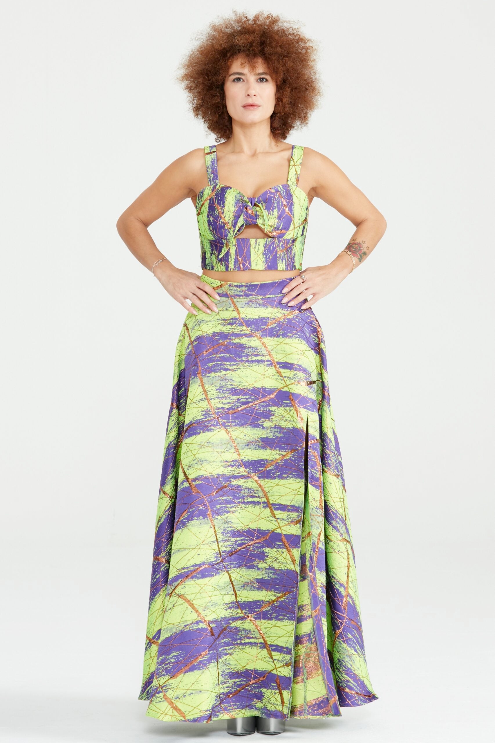 Dollie Bell-Shine Yarım Daire Yırtmaçlı Etek – Mor/Yeşil-Etek-7-Milagron.com