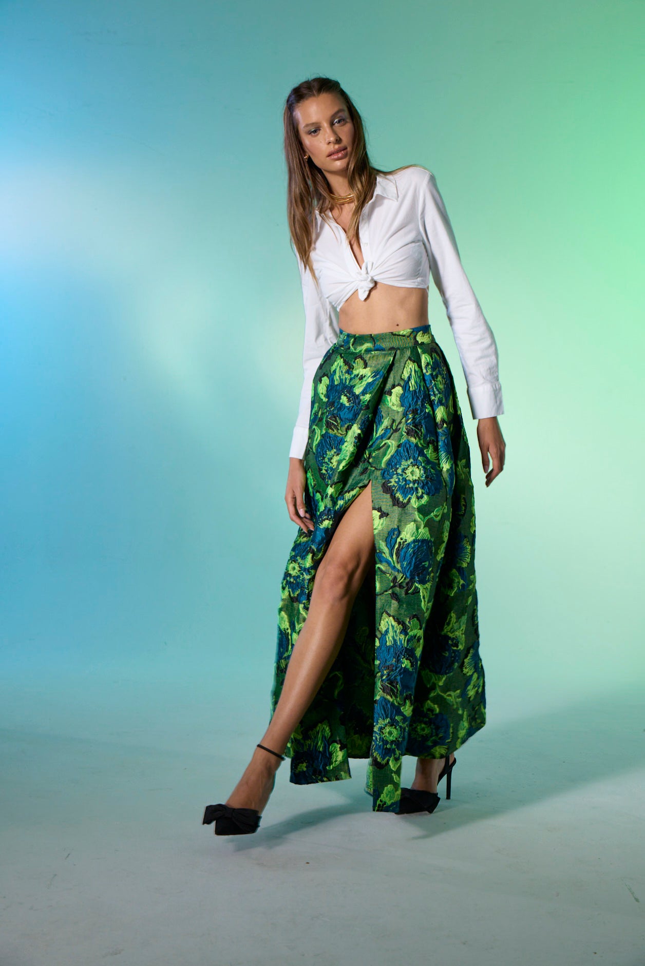 Dollie Bell-Top Star Pileli Yırtmaçlı Maxi Etek / Mavi Yeşil-Flaming Star, Platform-5-Milagron.com