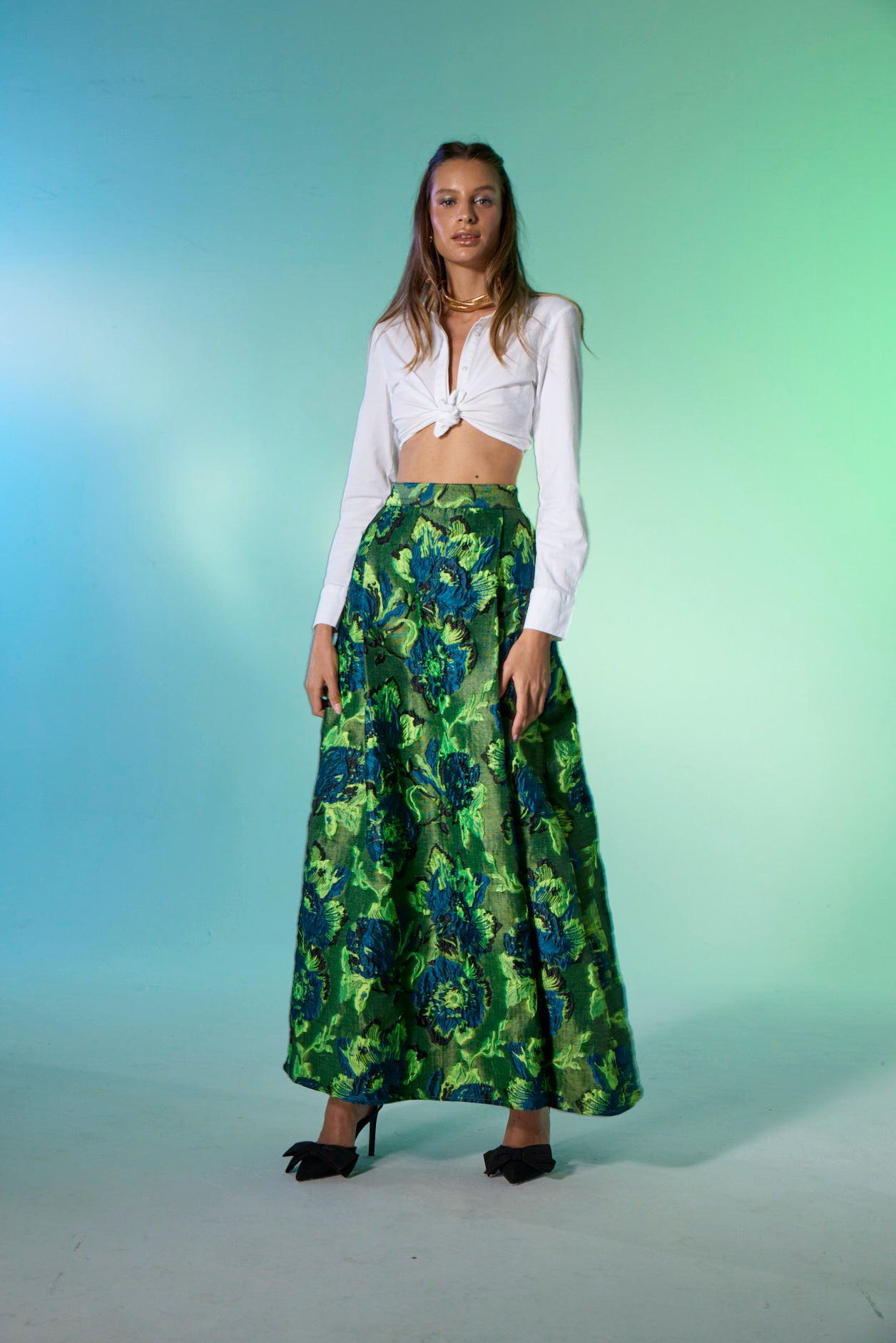 Dollie Bell-Top Star Pileli Yırtmaçlı Maxi Etek / Mavi Yeşil-Flaming Star, Platform-7-Milagron.com