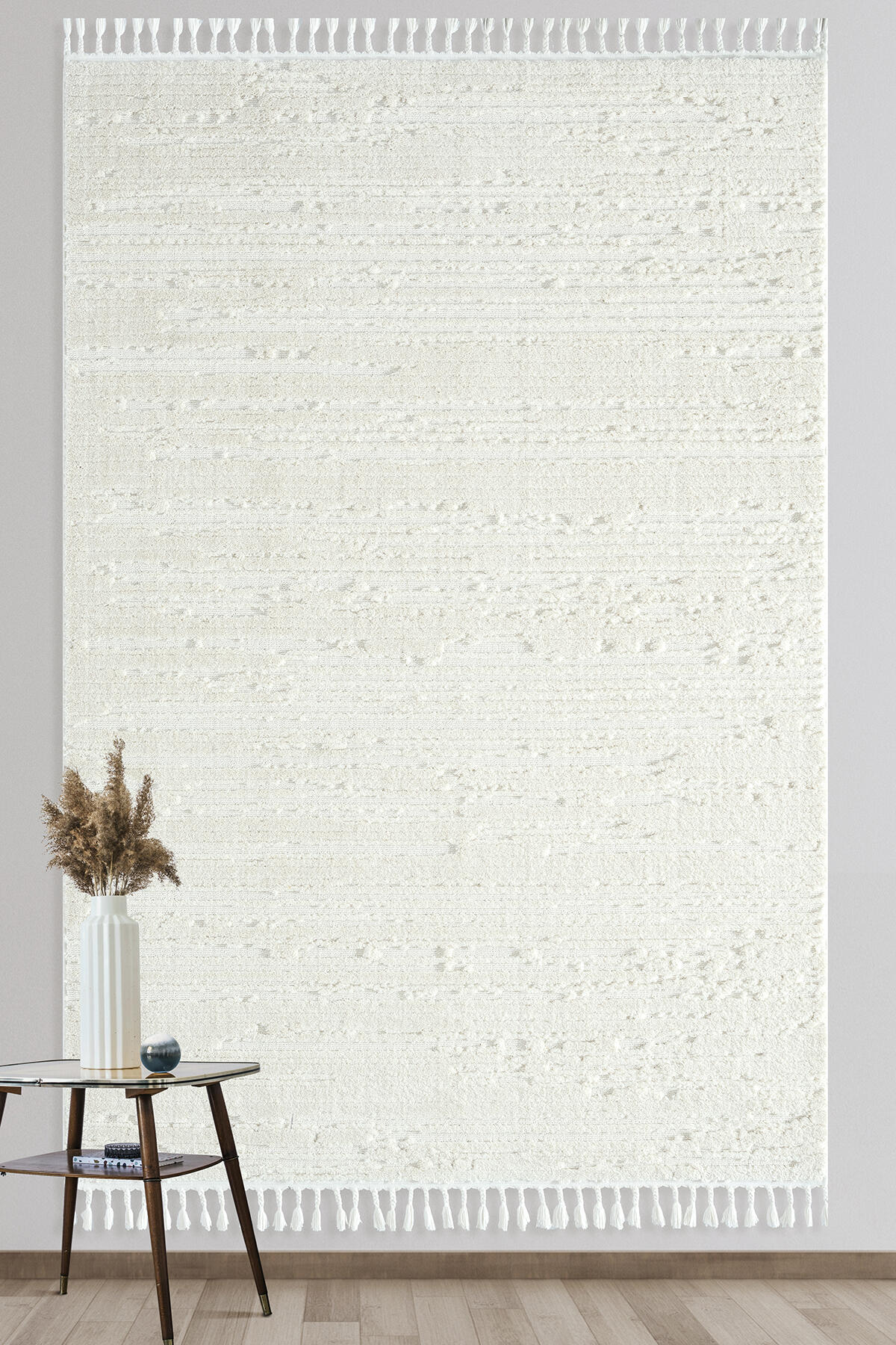 Empera-Bilbao White Swan Saçaklı Çizgi Desenli Krem Halı-2-Milagron.com