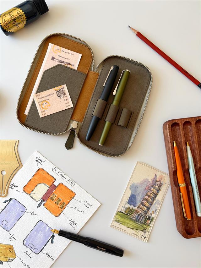 Eng Leather-Deri Koleksiyonu 3'lü Kalem Çantası Tan Olive-Deri Kalem Çantası-2-Milagron.com