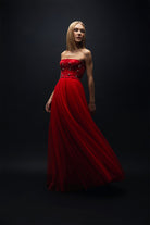 Esra Adıgüzel-Ruby - Kırmızı Kristal Taş İşlemeli Drape Detaylı Uzun Elbise-Elbise-1-Milagron.com