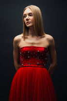 Esra Adıgüzel-Ruby - Kırmızı Kristal Taş İşlemeli Drape Detaylı Uzun Elbise-Elbise-2-Milagron.com