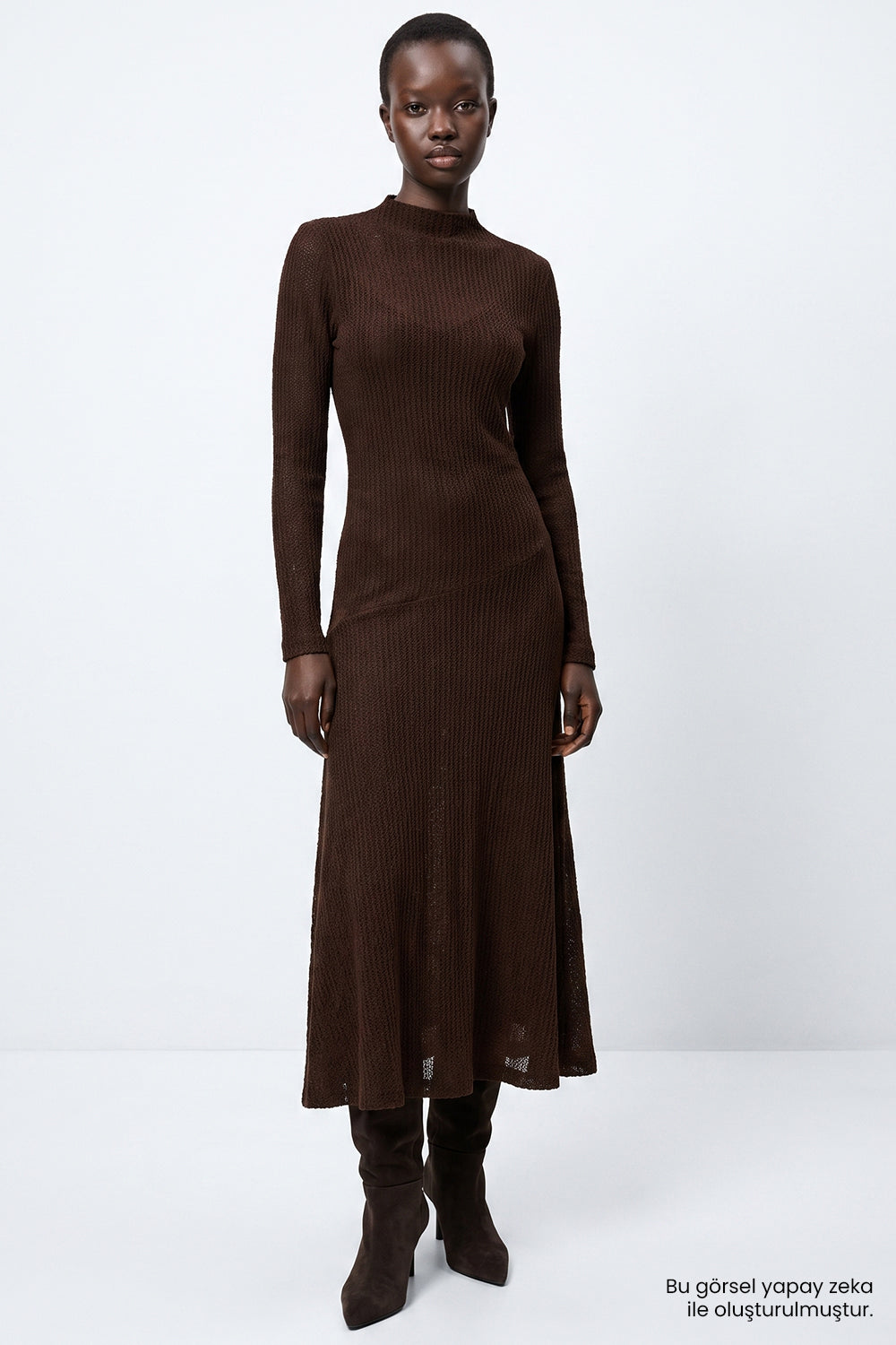 Astarlı Dantel Kloş Midi Slim Fit Örme Kahverengi Elbise