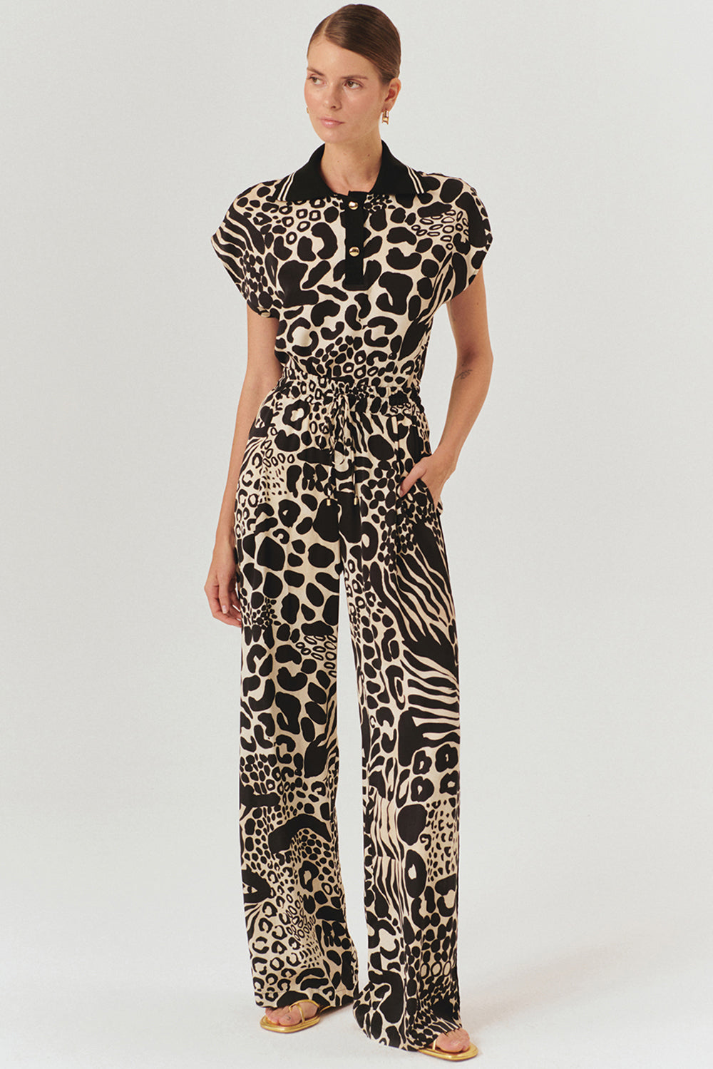 Exquise-Ayarlanabilir Bağcıklı Yüksek Bel Desenli Bol Kesim Pantolon-Pantolon-1-Milagron.com