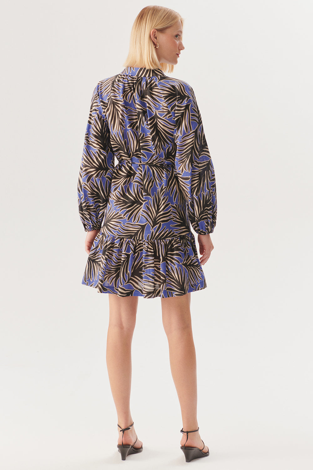 Exquise-Bağcık Detaylı Yaprak Desenli Rahat Kesim Pamuklu Mini Elbise-Elbise-4-Milagron.com