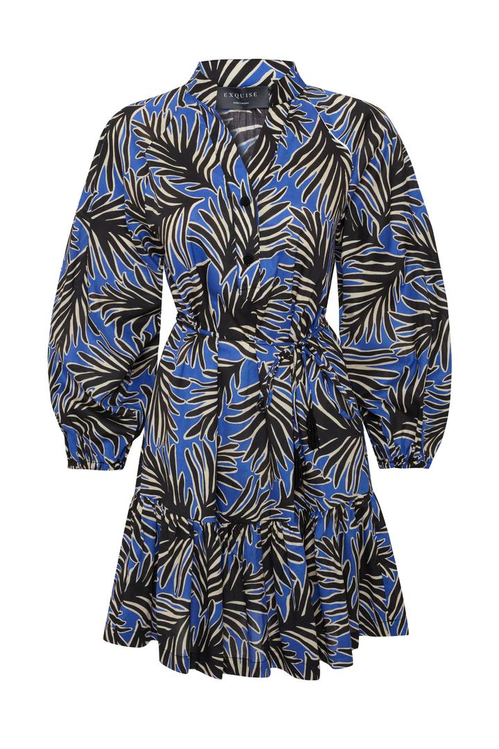 Exquise-Bağcık Detaylı Yaprak Desenli Rahat Kesim Pamuklu Mini Elbise-Elbise-6-Milagron.com