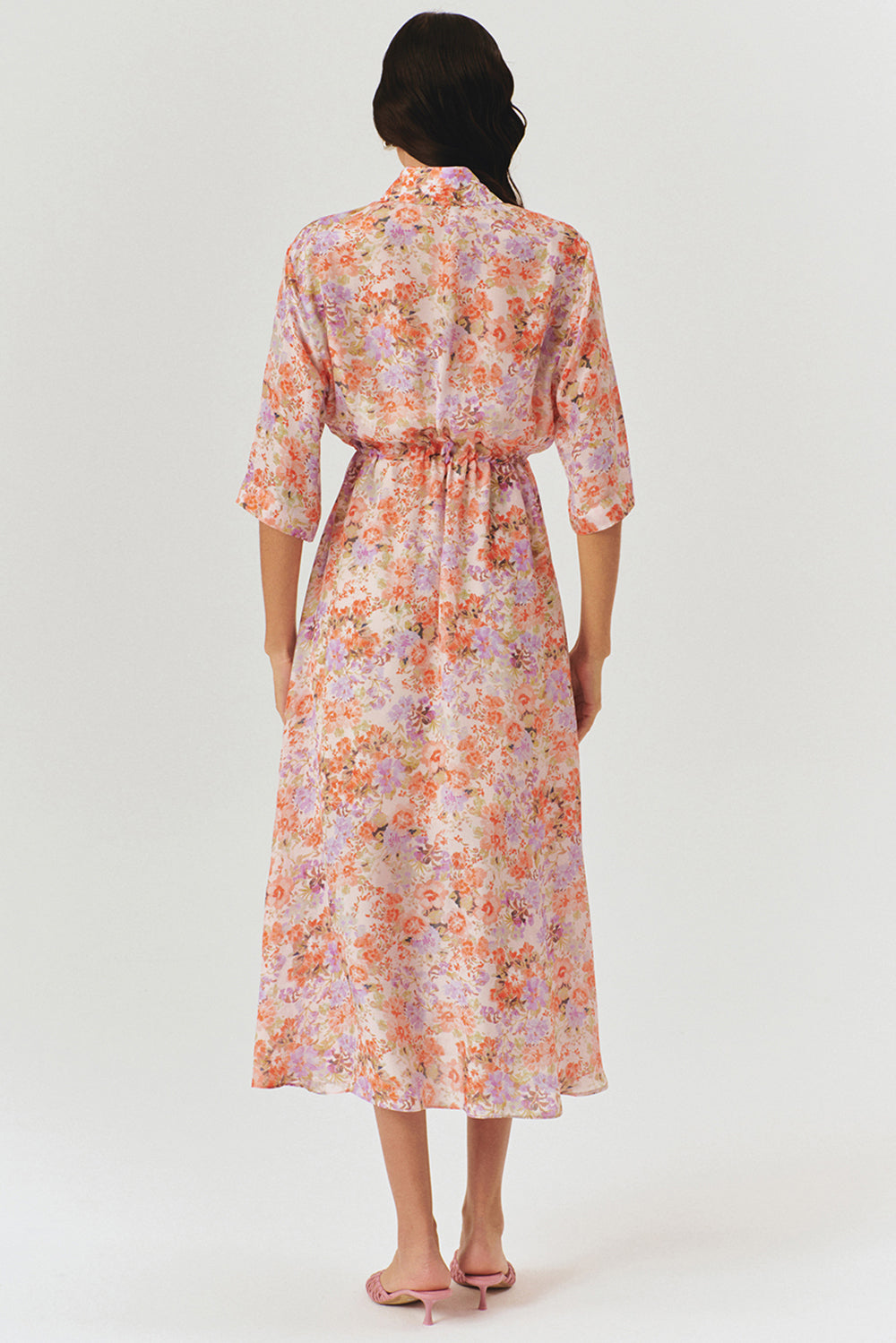 Exquise-Bağcık Detaylı çiçek Desenli Midi Gömlek Elbise-ELBİSE-2-Milagron.com