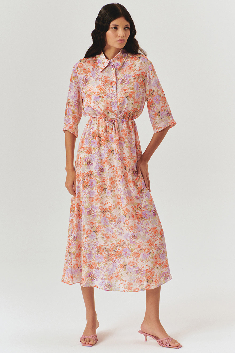 Exquise-Bağcık Detaylı çiçek Desenli Midi Gömlek Elbise-ELBİSE-4-Milagron.com