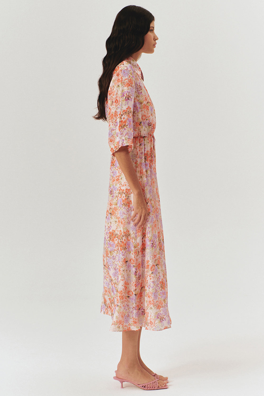 Exquise-Bağcık Detaylı çiçek Desenli Midi Gömlek Elbise-ELBİSE-5-Milagron.com