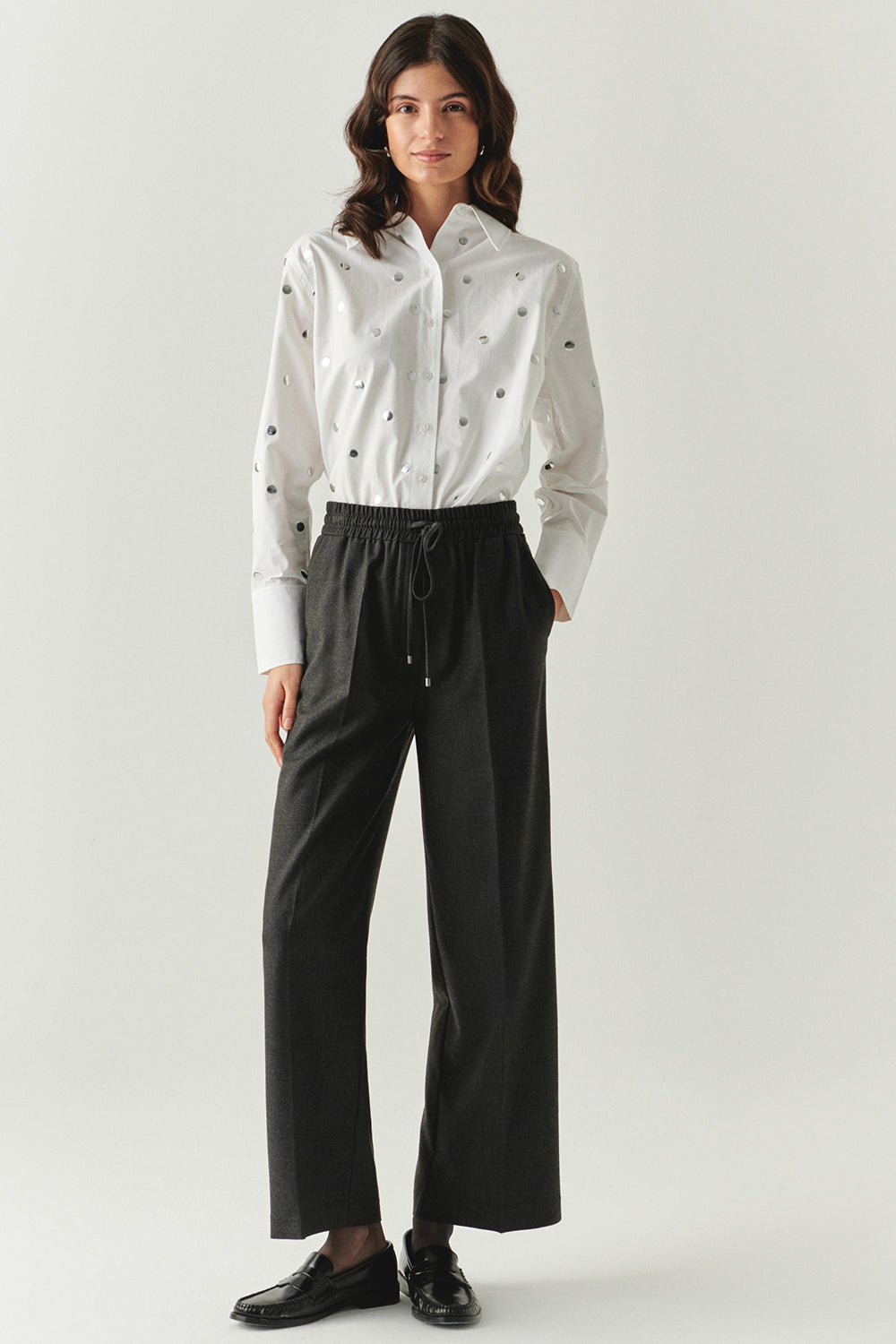 Exquise-Bağcıklı Cepli Düz Regular Dokuma Gri Pantolon-PANTOLON-4-Milagron.com