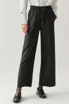 Exquise-Bağcıklı Cepli Düz Regular Dokuma Gri Pantolon-PANTOLON-5-Milagron.com