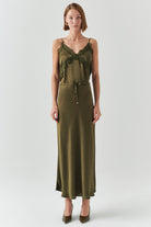 Exquise-Bağcıklı Regular Saten Midi Haki Etek-ETEK-2-Milagron.com