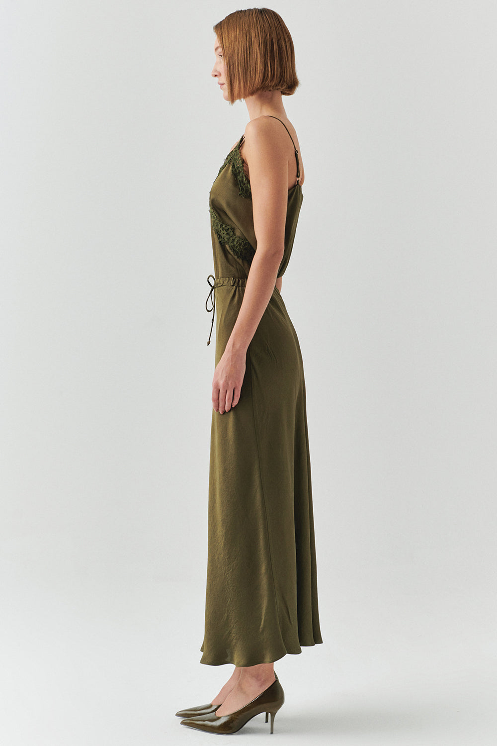 Exquise-Bağcıklı Regular Saten Midi Haki Etek-ETEK-3-Milagron.com