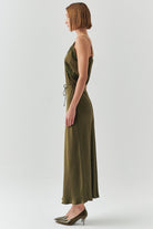 Exquise-Bağcıklı Regular Saten Midi Haki Etek-ETEK-3-Milagron.com